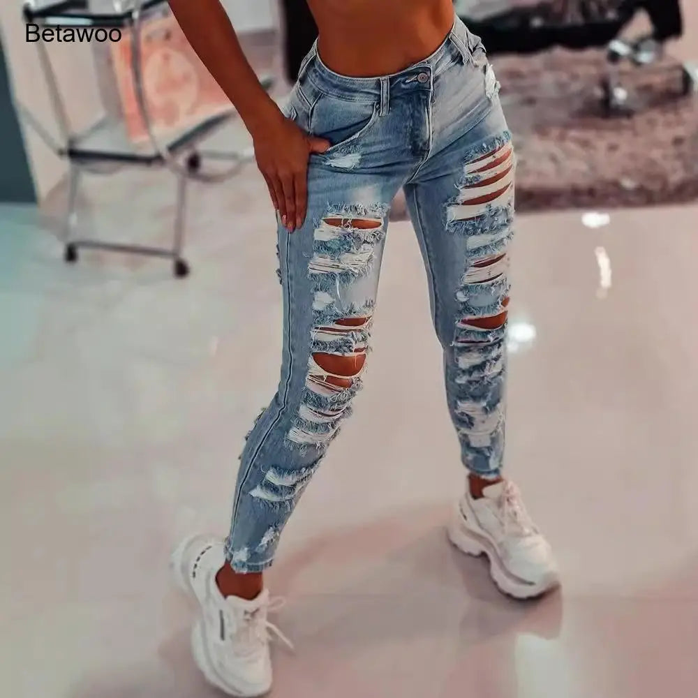 Women Light Wash High Waist Skinny Jeans with Heavy Distressed Ripped Design Casual Streetwear Denim Pants