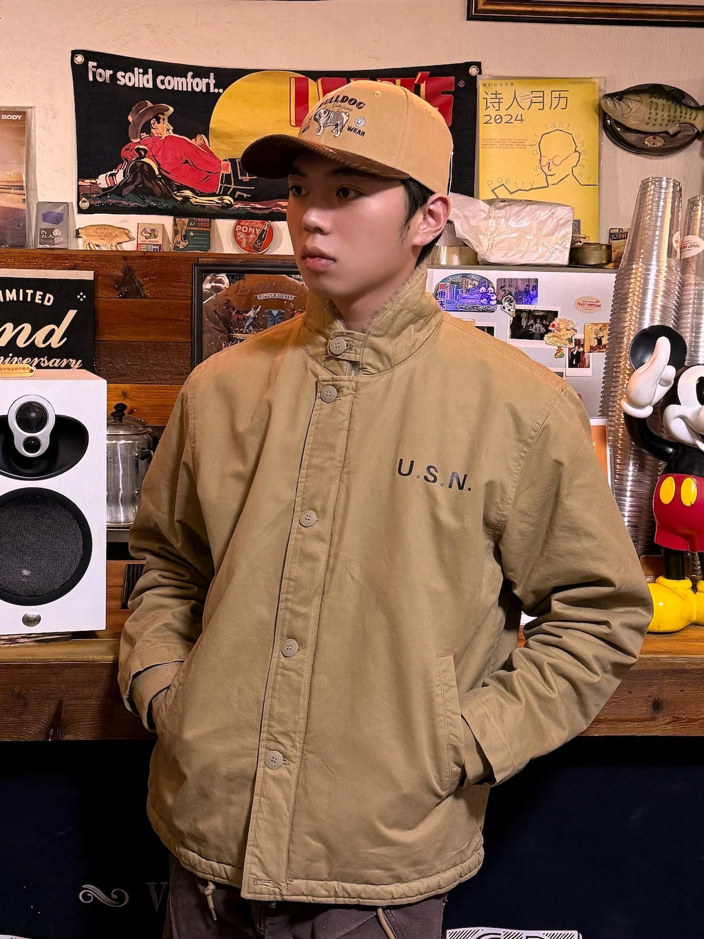 1940s N1 USN Thick Winter Mens Sherpa Fleece Deck Jacket Khaki Jungle Cloth Warm Heavyweight Vintage Parka Cotton Coat For Men