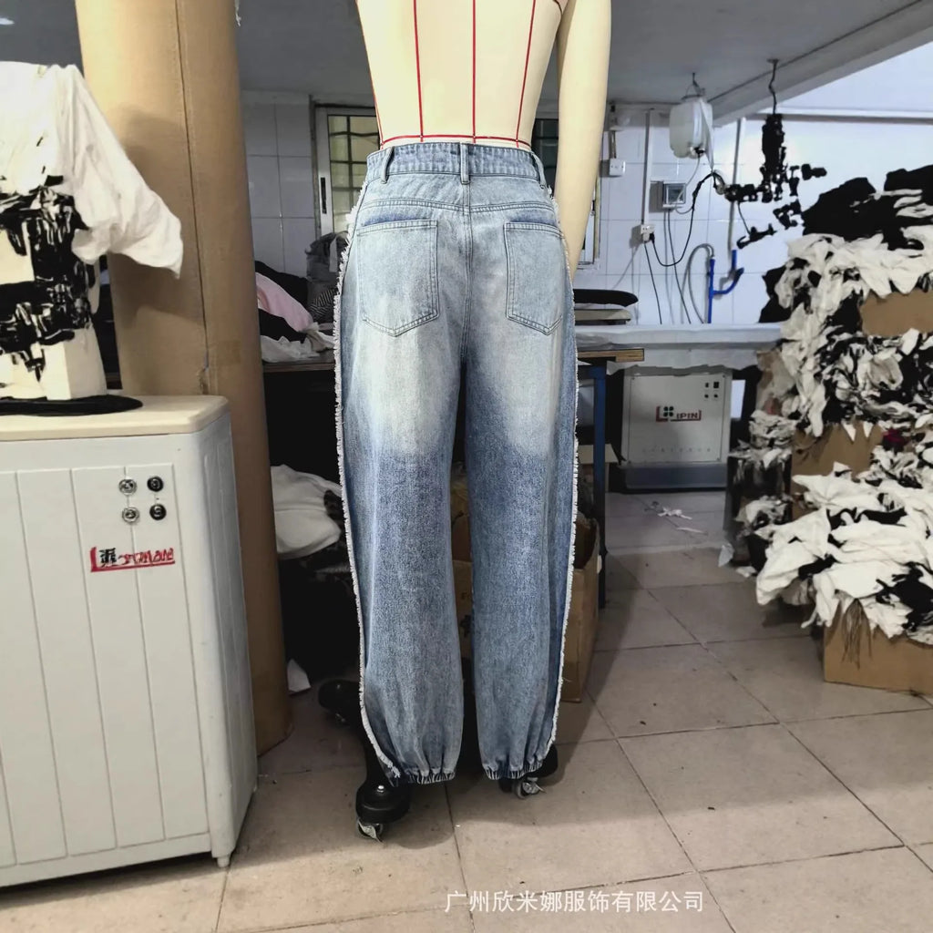 2026 New Summer Women's Washed Ripped Jeans Loose Straight Leg Drawstring Ankle Tied Casual Denim Pants For Daily