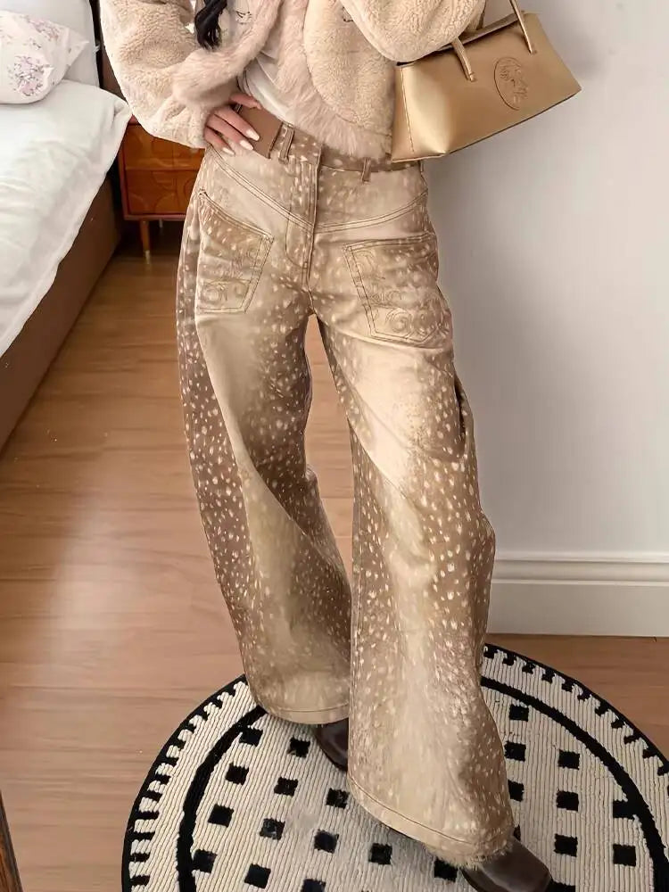 Women's Jeans 2026 Spring Retro E Girl Jeans Color Block Embroidered Distressed Deer Polka Dot Print Wide Leg Floor Length Pants