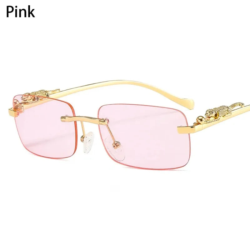 Unisex Luxury Rimless Square Sunglasses - Brand Designer Leopard Head Metal Shade Eyewear Travel Driving