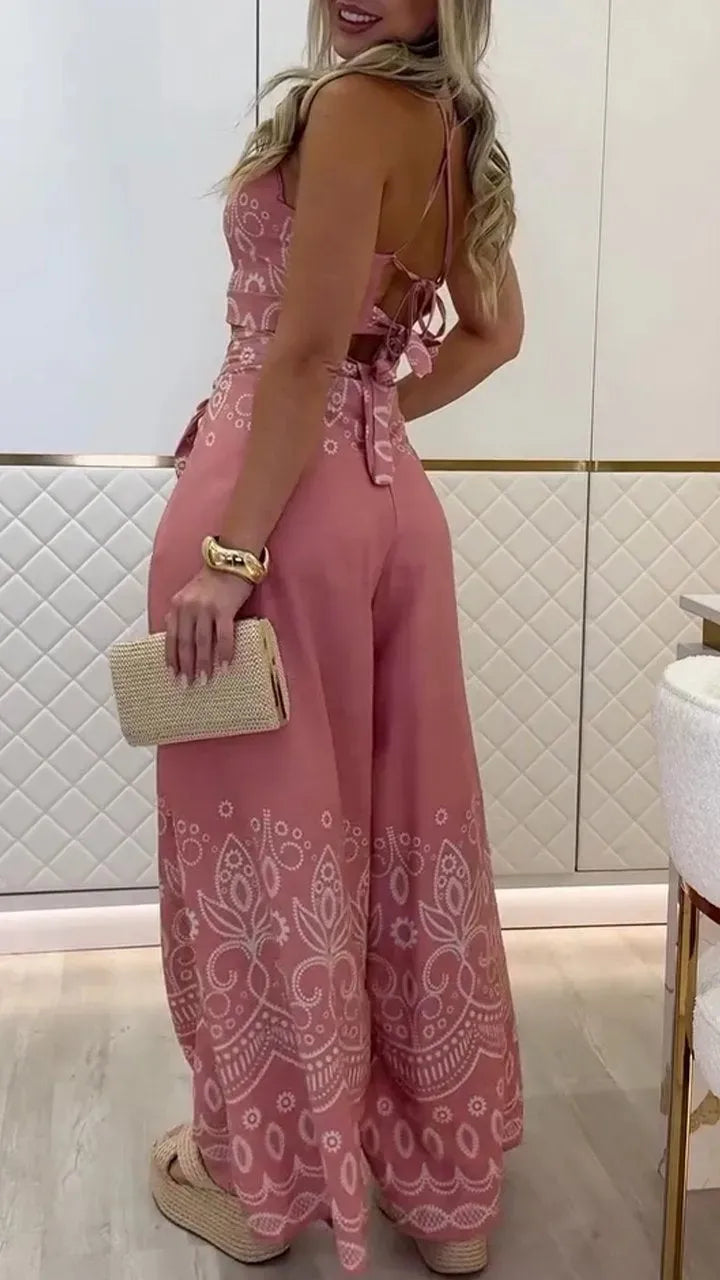 Women's Printed Sleeveless Top And Wide Leg Pants Two Piece Set Slimming Comfort Versatile Vacation Commute Ethnic Style Outfit