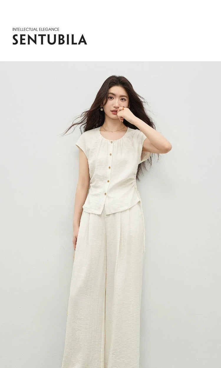 SENTUBILA Women's Office Set 2026 Summer New Blue Button Shirred Drawstring Slim Top Straight Pant 2 Piece Sets 162ZK6231