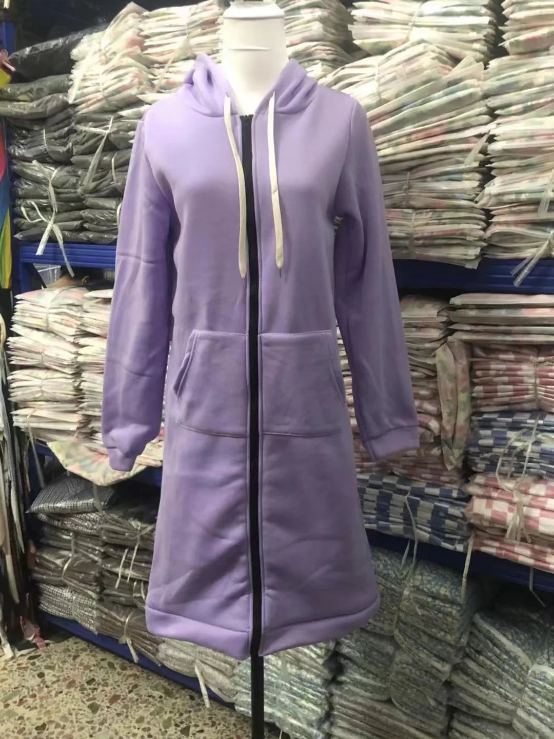Autumn Winter Women's Hooded Long Sleeve Mid-Length Sweatshirt Fleece Jacket Comfortable Casual Style Polyester Fabric