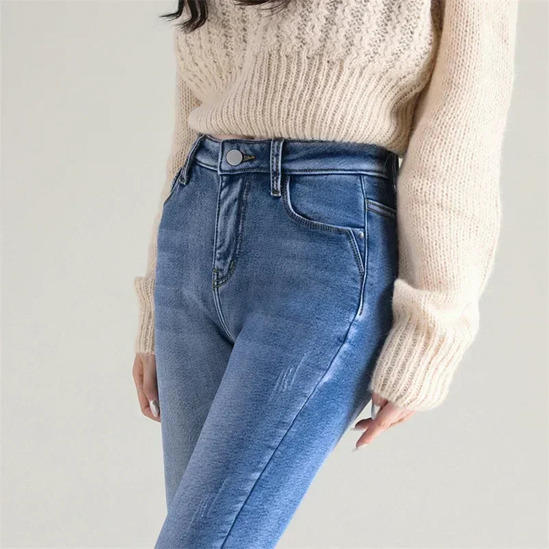 Lady Plush Thermal Jeans Winter Snow Warm Stretch Thin Jeans Women Fleece Pencil Pants Fashion Straight Leg Denim Trousers