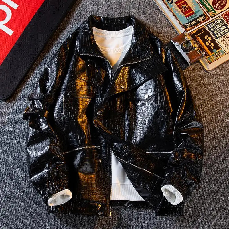 Gmiixder Functional Imitation Crocodile Leather Jacket Men's Spring Autumn American Retro High Street Motorcycle Leather Coat