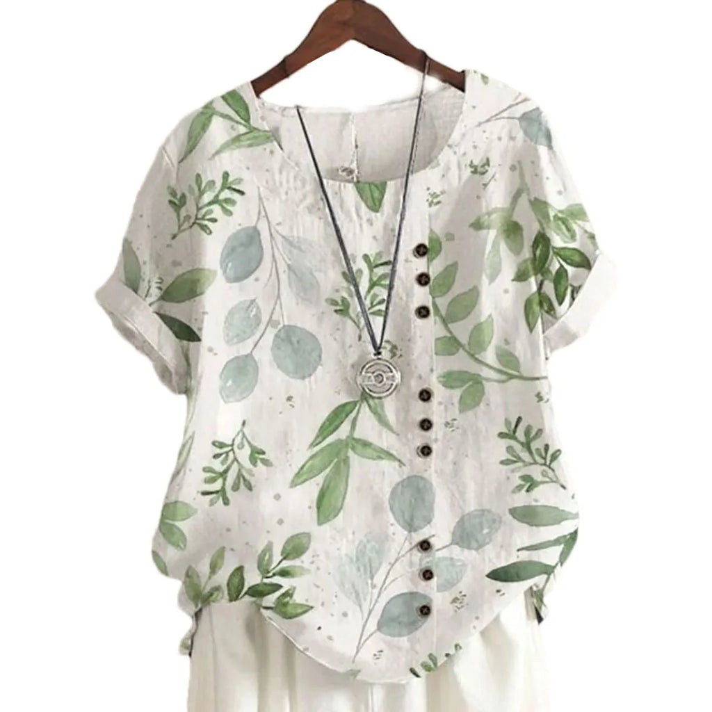 2025 Summer retro fashion printed loose casual shirt top, suitable for casual or vacation ladies' beachwear