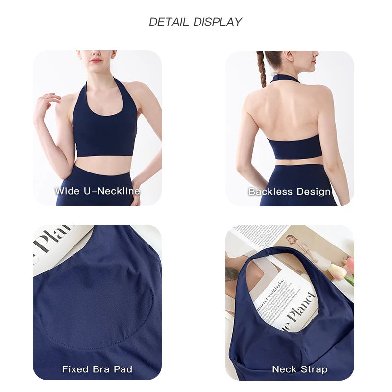Sports Top Women Sexy Hanging Neck Yoga Bra High Intensity Shockproof Fixed Chest Pad Running Fitness Outdoor Leisure Yoga Vest