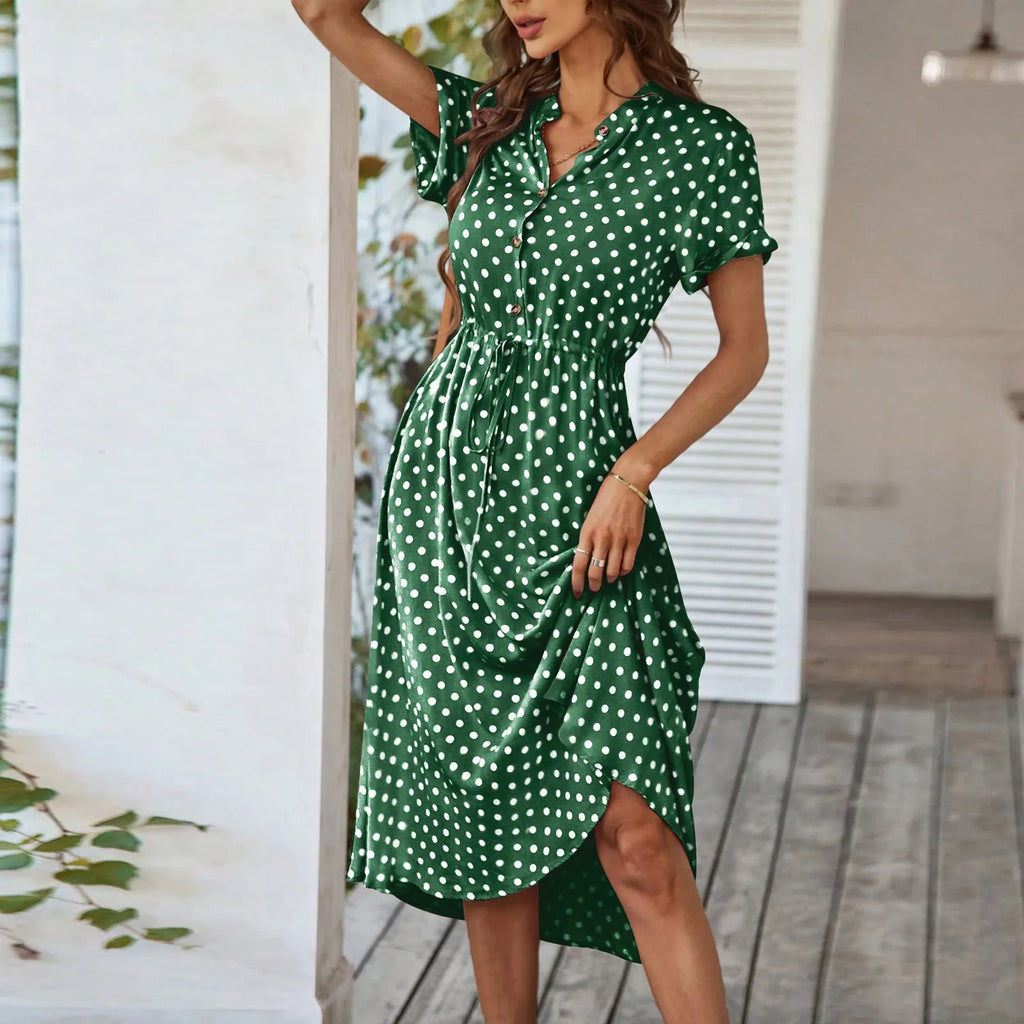 Elegant retro polka dot dress Women's Summer Midi Dress V Neck Single Breasted Short Sleeve Dresses Fashion Print Dress
