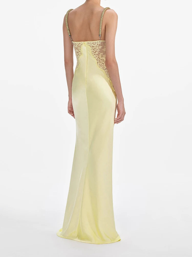 Lace Patchwork Satin Maxi Dress For Women Butter Yellow V Neck Sleeveless Vestidos Adjustable Rhinestone Straps Evening Dresses