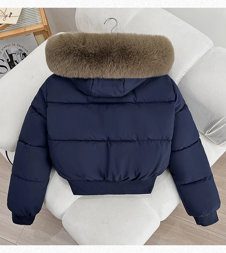 Women's Short Thickened Winter Cotton Jacket Quilted Coat Fur Collar American Retro Style Warm Casual Fashion Regular Fit