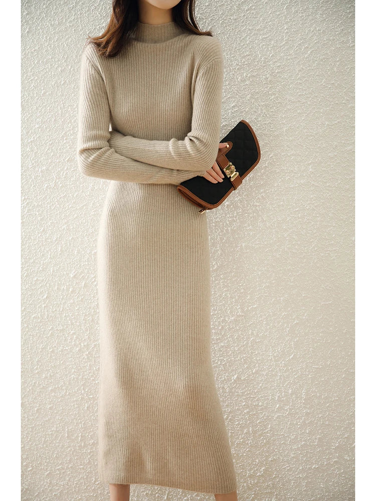 Autumn and winter semi high neck drawstring high elasticity slim fit 100% wool pullover dress, mid length over knee cashmere
