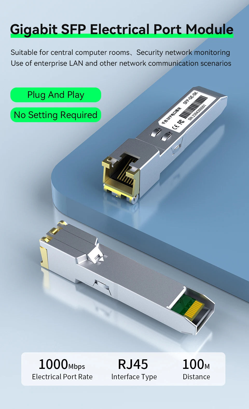 1.25G SFP to RJ45 Copper SFP Module Transceiver, 1000Base-T SFP to Ethernet Module 1000M Transceiver Module