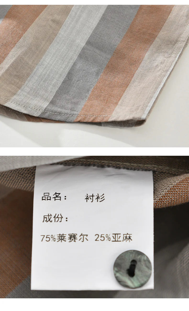 Summer New Linen and Lyocell Cooling Striped Half Sleeve Shirt for Men Casual Turn-down Collar Shirt  EC1292