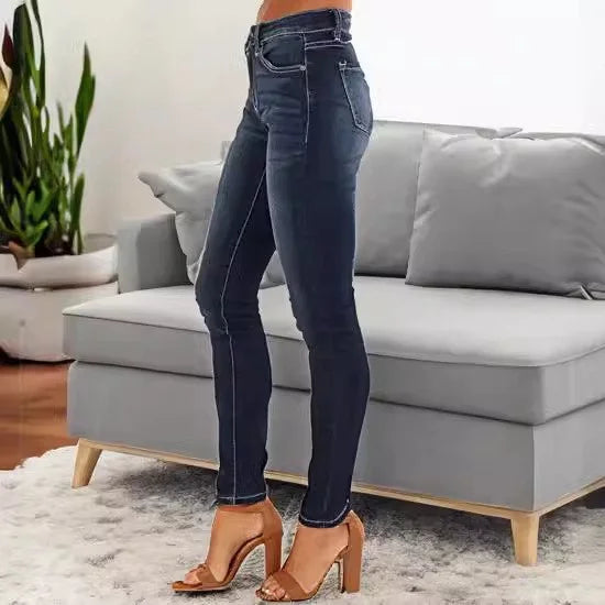 Women's Fashionable Elegant Casual Versatile Washed Cat's Whisker Pattern Skinny Fit Denim Jeans for Daily Wear