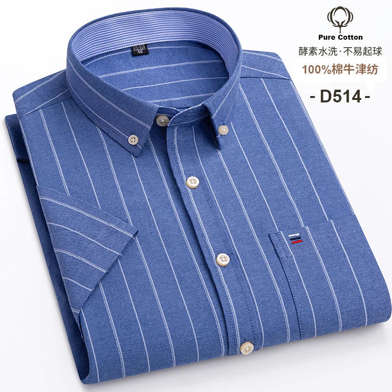 100%Pure Cotton Oxford Men's Shirts Short Sleeve Plaid Soft Regular Fit Formal Dress Shirt Social Blouse Male Clothes 6XL 7XL