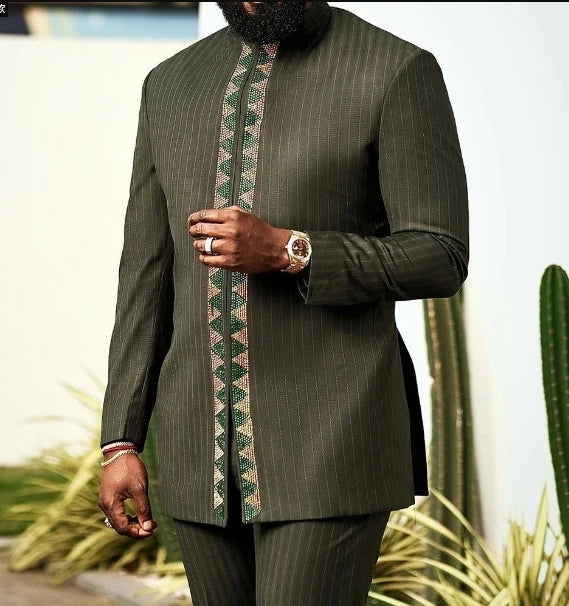 Kaftan Elegant Men's Suit Long Sleeve Ethnic Style Casual EmbroideryTop And Pants 2PCS Sets African Fashion Traditional Outfits