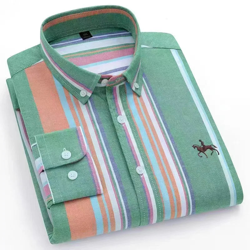 100% Pure Cotton Men's Long Sleeve Shirt Business Casual Solid Color Embroidered Oxford Spun Shirt
