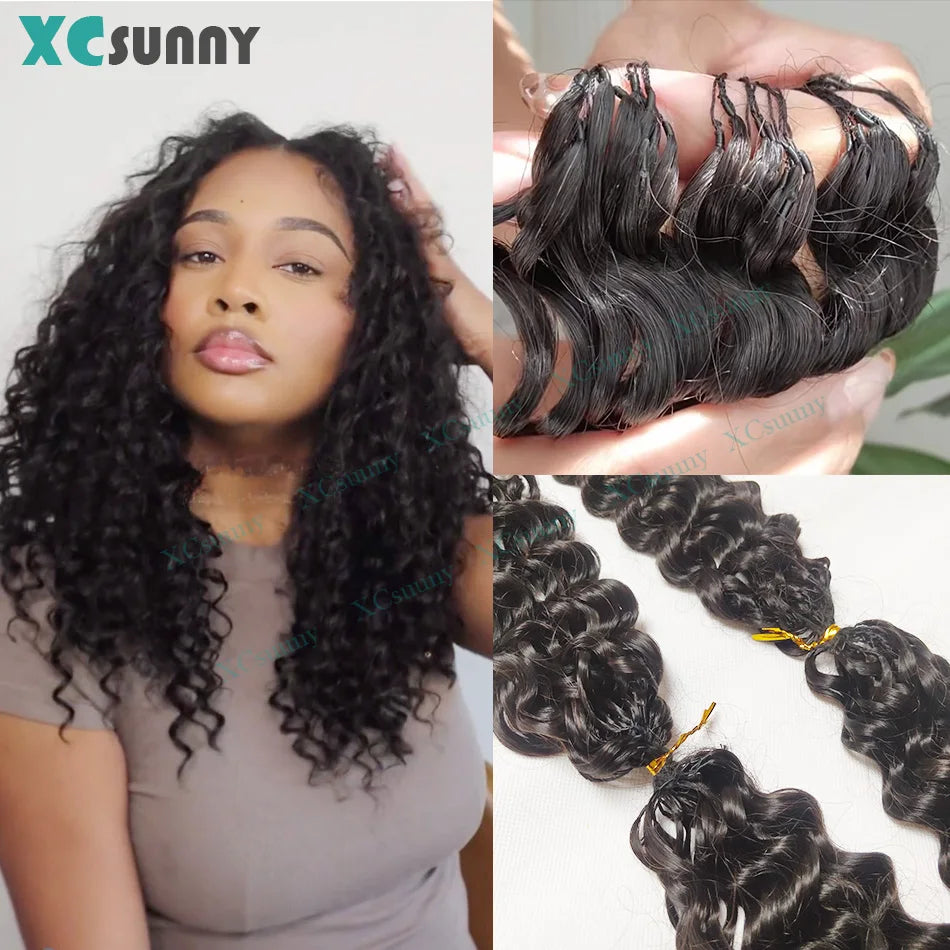 Water Wave Crochet Human Hair Curly Invisible Knotless Crochet Human Hair Extensions With String In The Middle Pre Separated