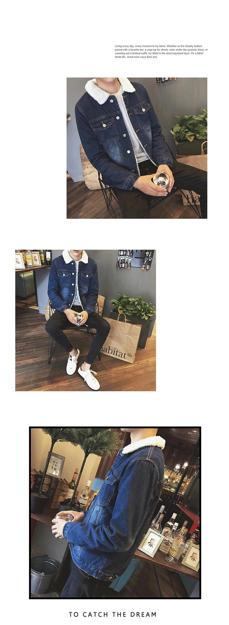 Thickened Fleece Winter Jacket for Men Youth Casual Style Long Sleeve Denim Coat with Stand Collar Button Closure Slim Fit