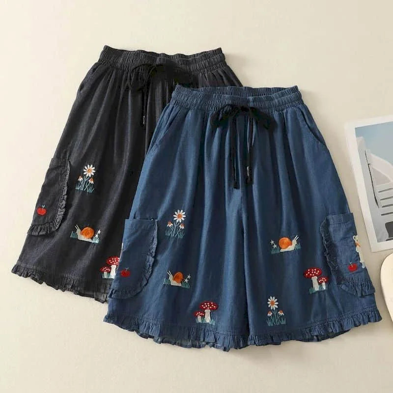Denim Shorts Women Summer Wear Vintage Drawstring Elastic Waist Ruffle Wide Leg Pants Casual Loose Jean Shorts Women Clothing