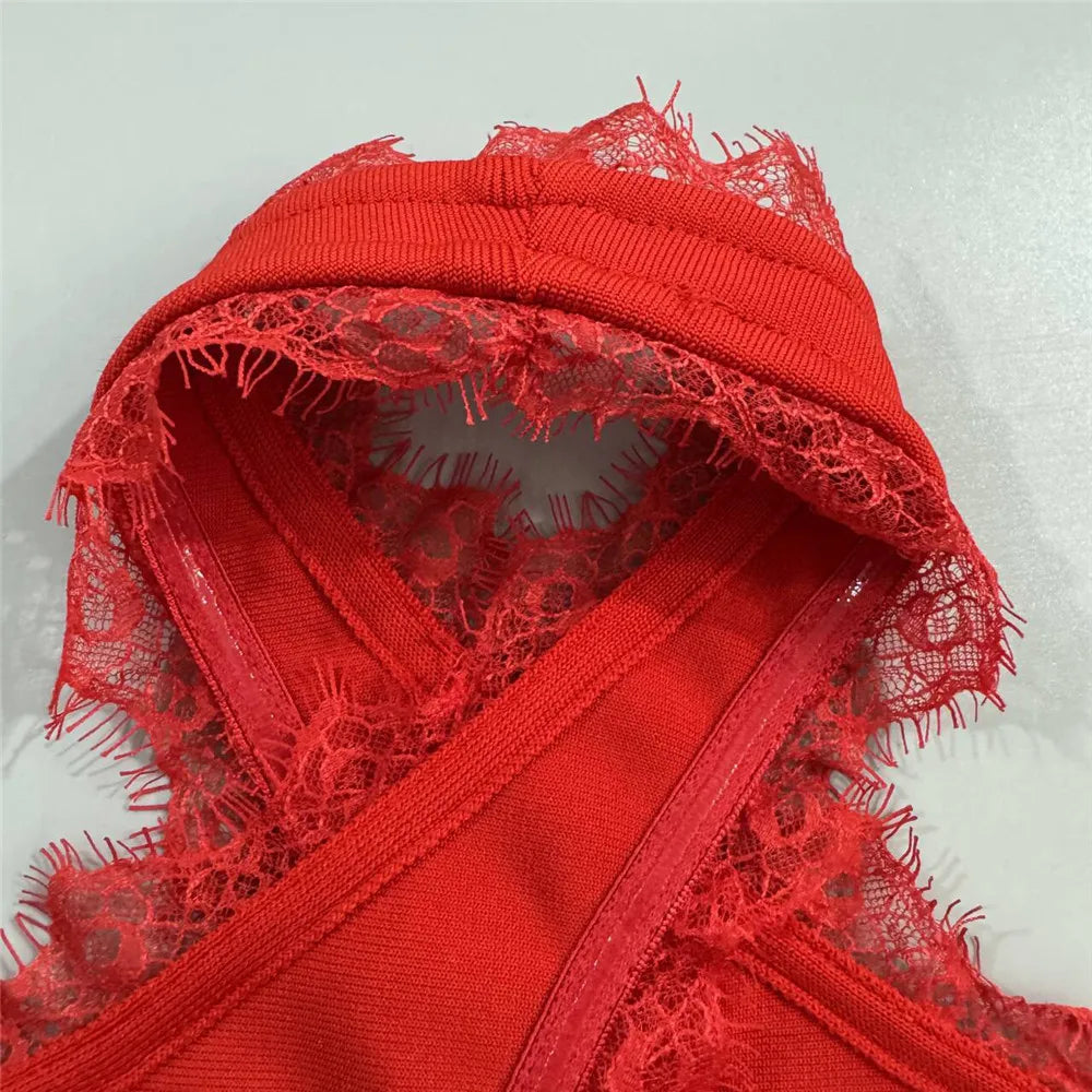 Women Sexy Hollow Out Lace Patchwork Bandage Dress Fashion Flowers Club Party Mini Dresses