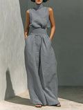 New Women's Solid Color 2 Piece Sets Sleeveless High Neck Tops+High Waist Wide Leg Pants Casual Minimalist Female Summer Outfits