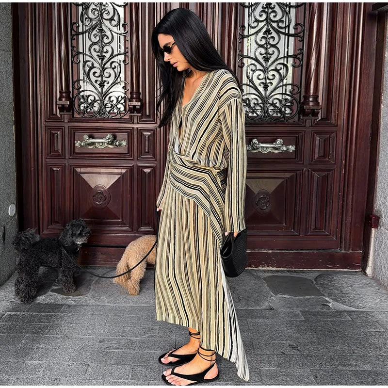 Multicolor Striped Shirt 2 Picec Set Button Front Blouse High Waist Flared Hem Maxi Skirt 2026 Summer Elegant Lady Vacation Suit