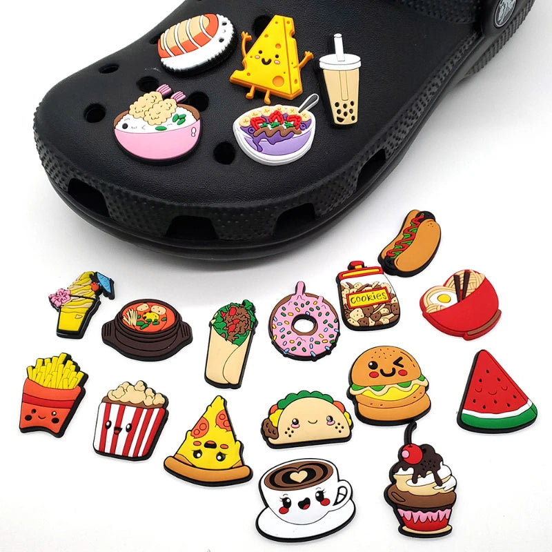 Cute Kawaii Food Shoes Charms Set Cartoon Burger Pizza Boba Shoe Accessories, PVC Clog Decorations for Sandals, Party Gifts