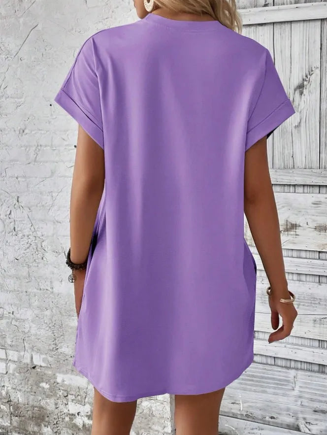 New women's spring and summer fashionable temperament casual commuting solid color round neck loose short sleeved pocket dress