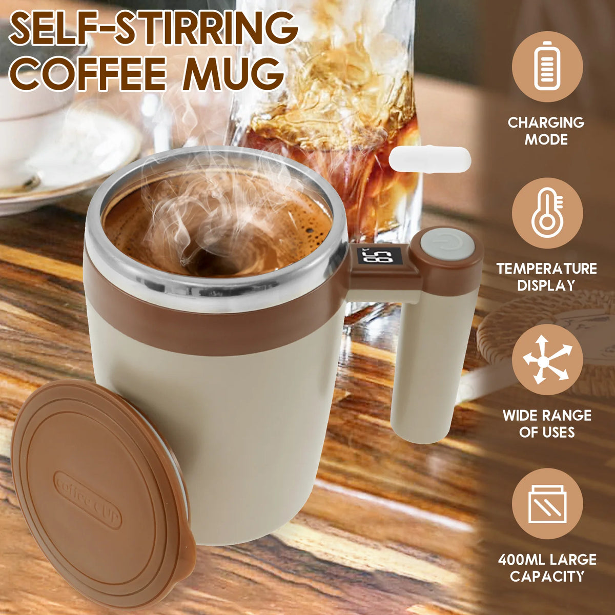 Upgrade Self Stirring Mug, Rechargeable Automatic Magnetic Stirrer Coffee Cup 400ml Stainless Steel Self Stirring Coffee Cup
