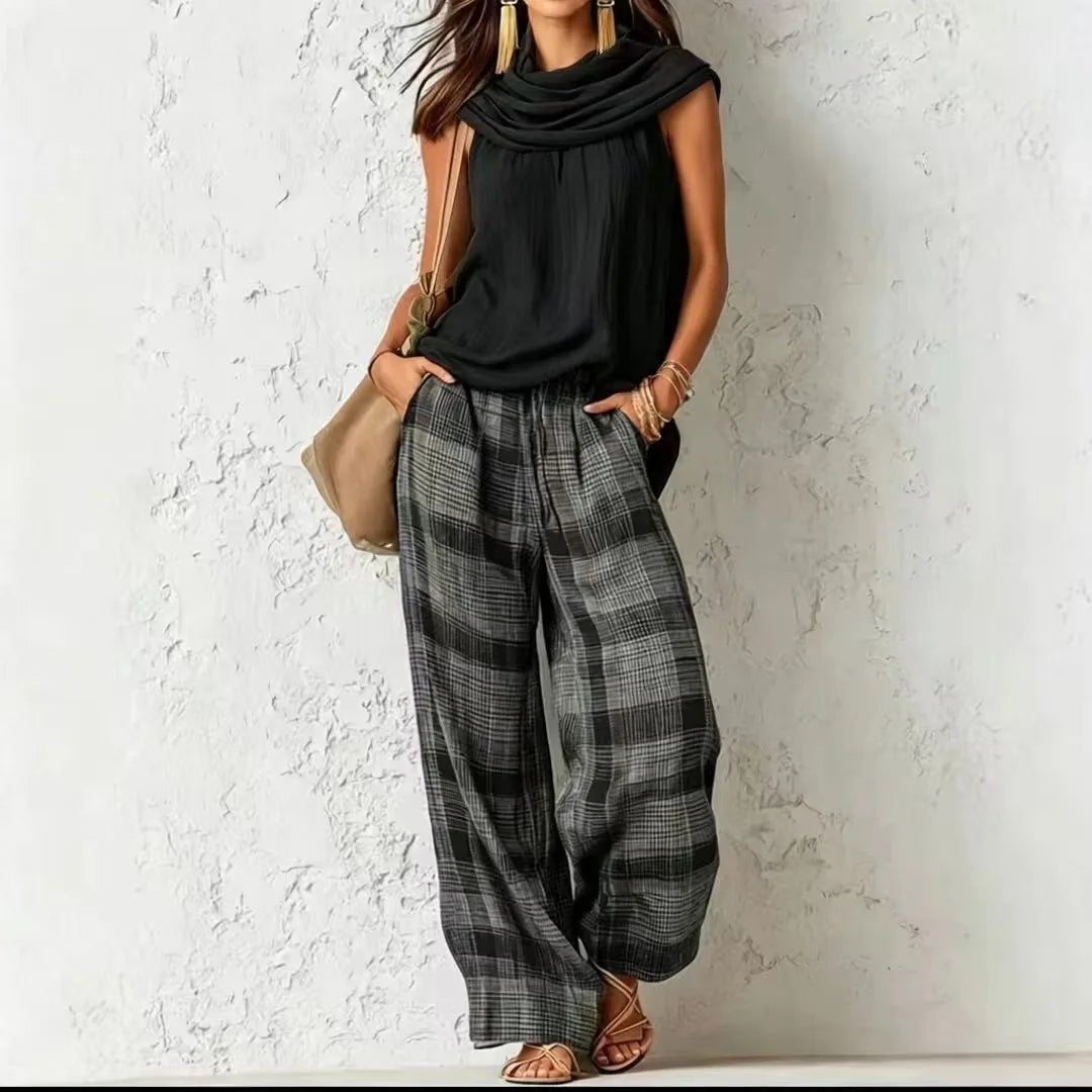 Women’s Casual Pants Set Sleeveless Draped Neck Top and High Waist Plaid Wide Leg Trousers 2 Piece Suit for Office Vacation Club