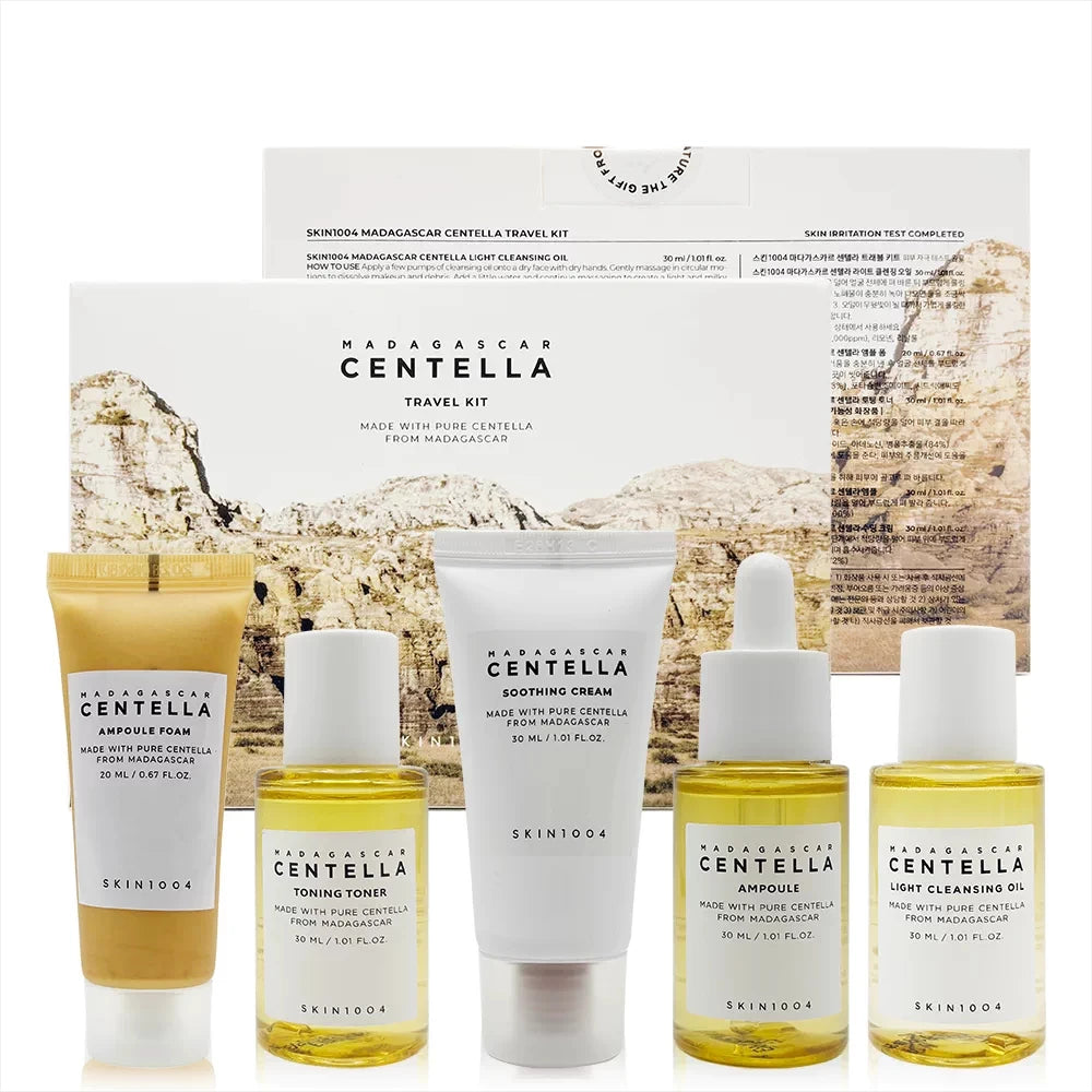 5Pcs Korea SkinCare Centella Travel Kit Set Cleansing Oil Toner Foam Ampoule Cream Cica Non-Sticky Soothe Redness Repair Skin