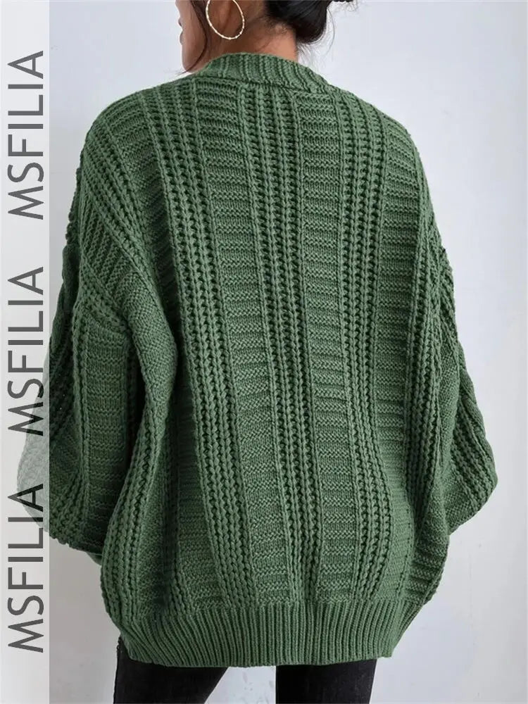 Msfilia Women's Fall/Winter Solid Color Cable Knit V-Neck Cardigan, Balloon Sleeve Loose Single Breasted Sweater Coat