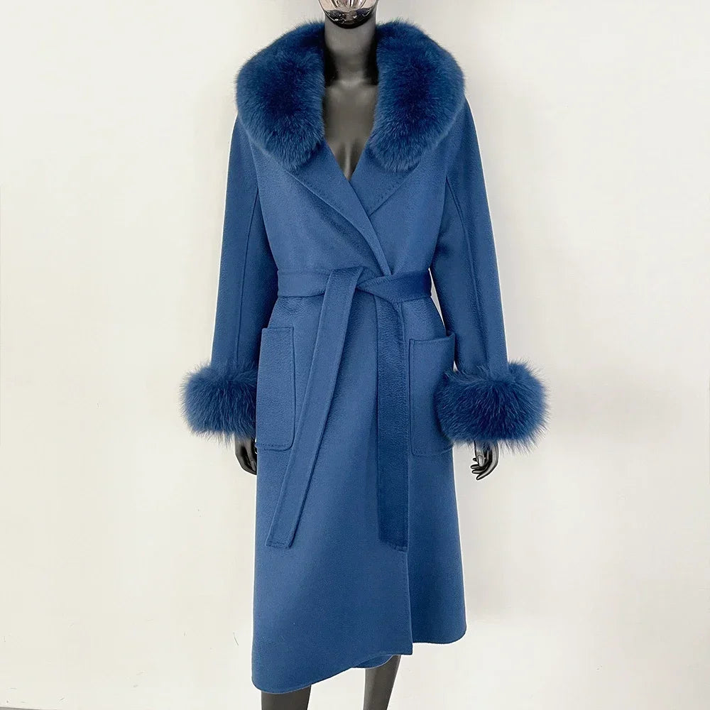 Real Fox Fur Collar Woolen Coat Women's Autumn Winter Warm Natural Fur Coat Casual Wool Fur Jacket Fashion Long Fur Coat Women's