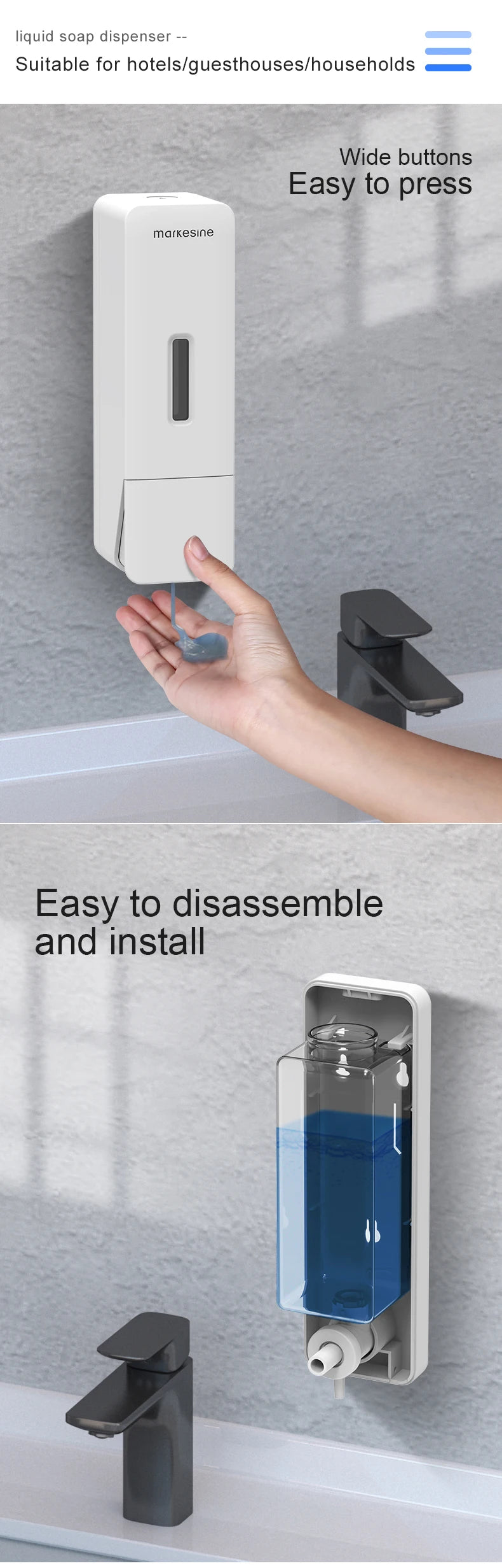 Liquid Dispensing Bottle Shower and Lotion Dispenser Waterproof Shampoo Gel Container Wall Mount Manual Press Soap Dispenser