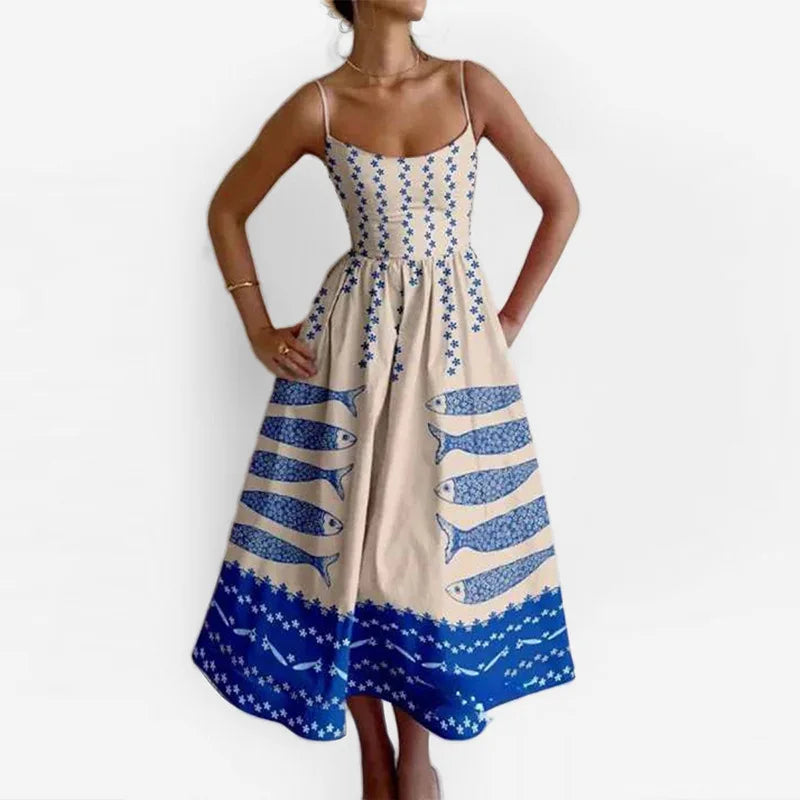 Summer U-neck Casual Female Vintage Elegant Spaghetti Strap Dress Women Elegant Solid Sleeveless A-line Midi Women's Dresses