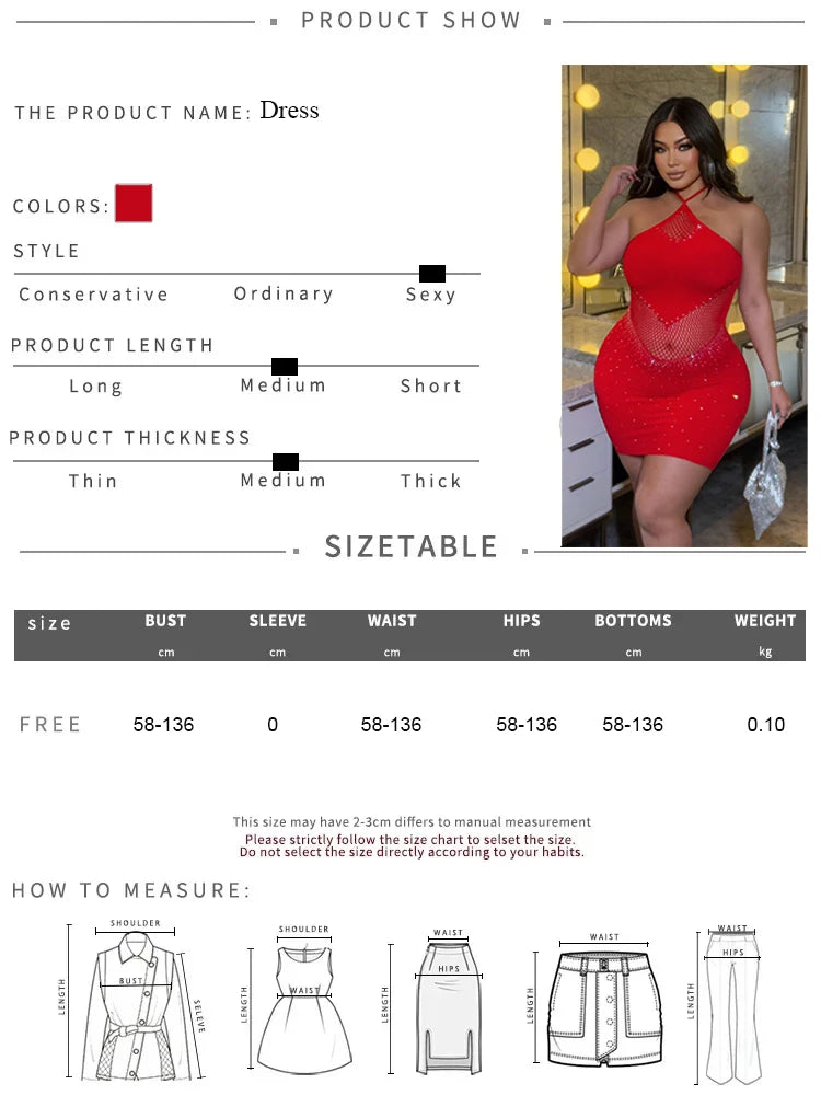 Women Rhinestone Sexy Dress Mesh Hollow Out Fitted Mini Dress Plus Size Sleeveless Skirt Club Party Summer Beach Wear Dress