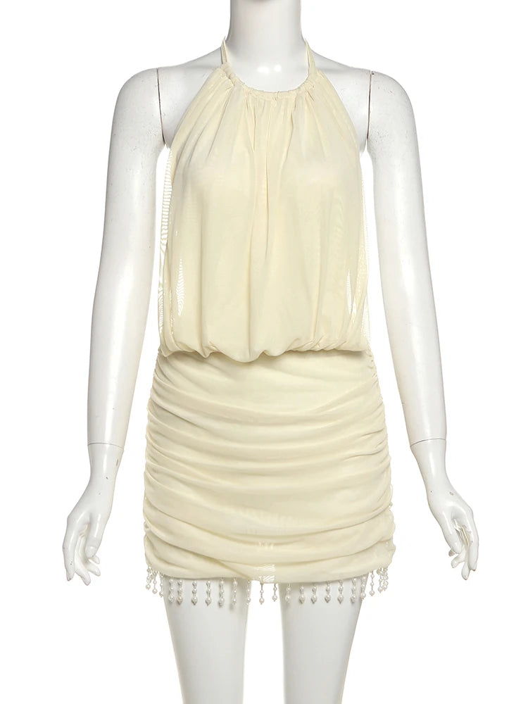 Weird Puss Sexy Mesh Patchwork Mini Dress Women Lace-Up Halter Backless Pearl Tassel Ruched Elegant Midnight Club Party Outfits