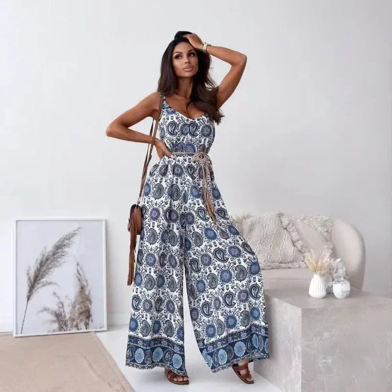 Pop Fashion Elegant V-neck High Waist Jumpsuit Women's Pattern Print Loose Long Romper Causal Sleeveless Wide Leg Playsuit Women