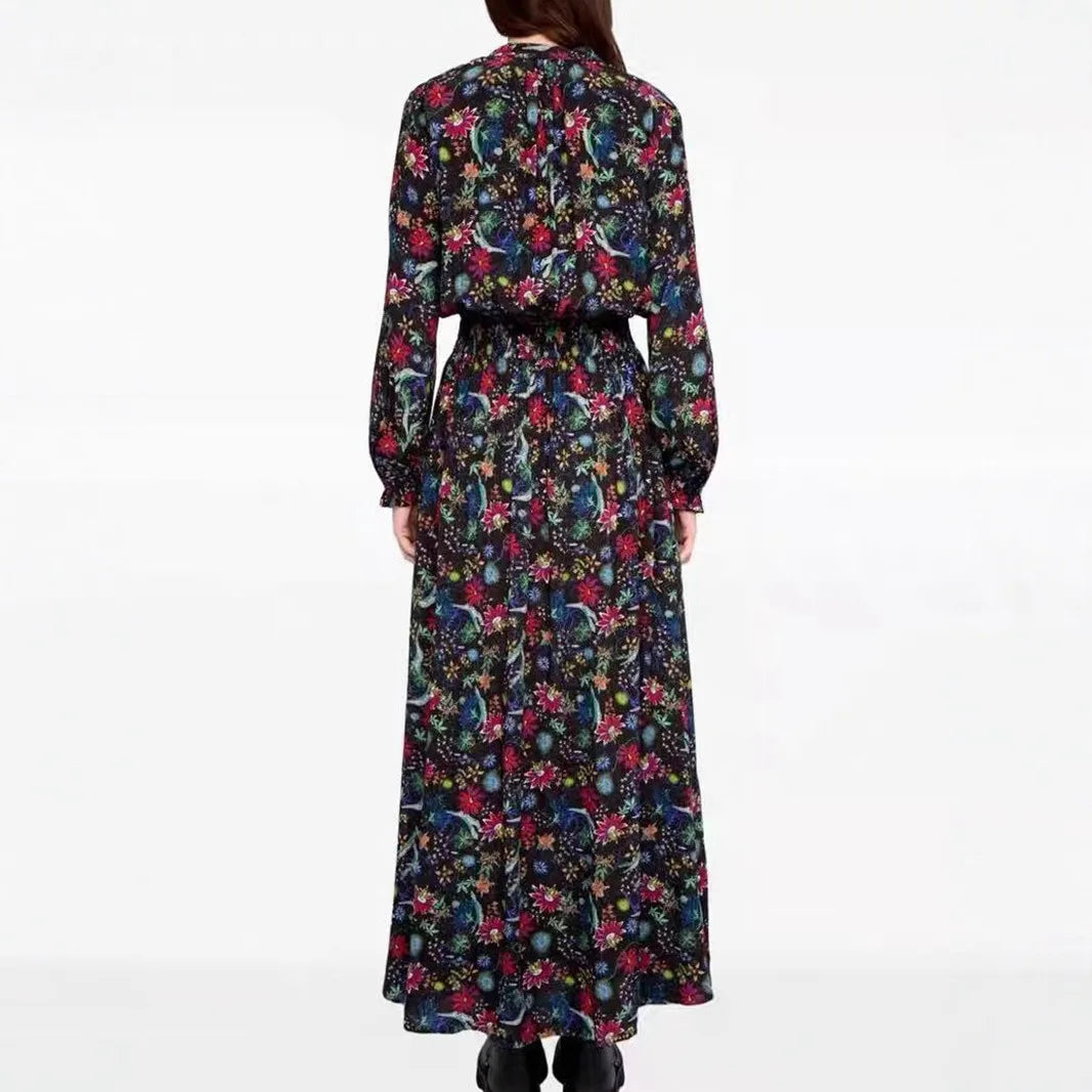 Elegant Black Floral Print Long Sleeve Slimming Dress High Waist A-Line Skirt V-Neckline Silk Fabric Spring Summer New Arrival
