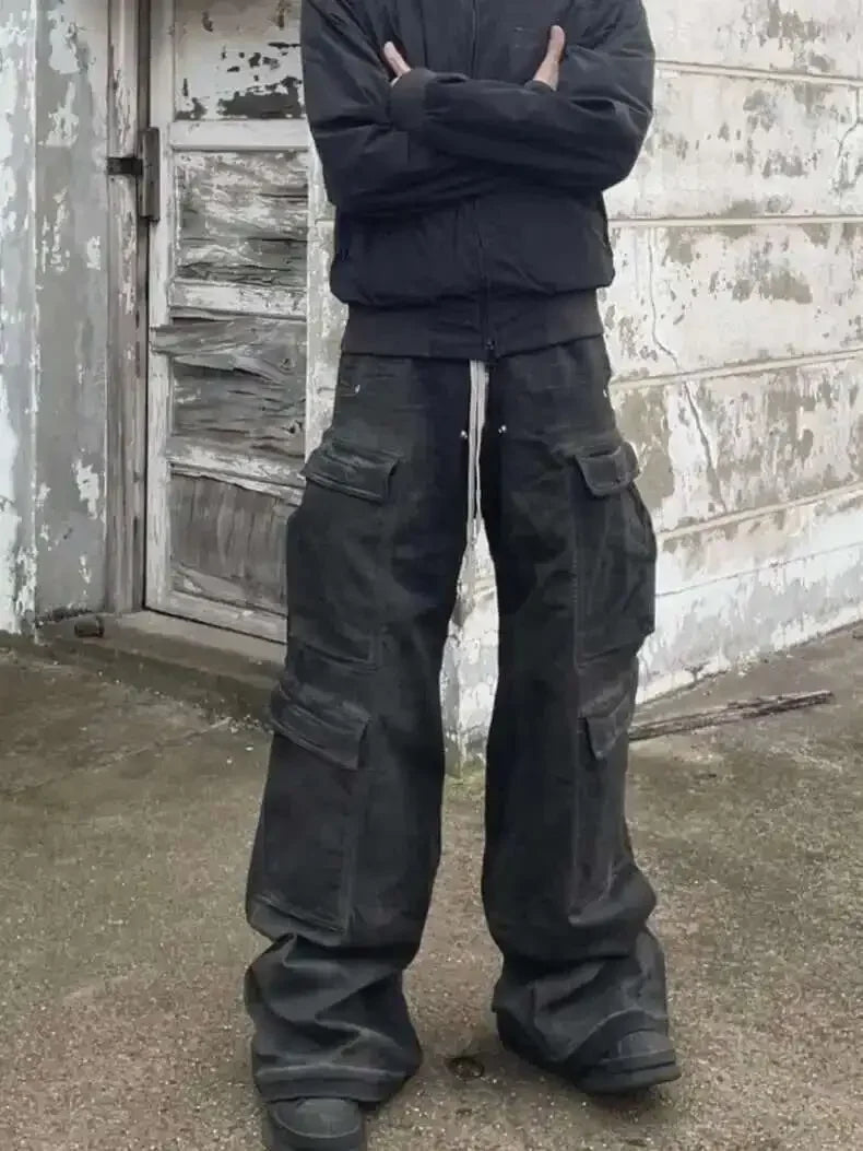 High Street Drawstring Zipper Sliced Wide Leg Cargo Pants Msn's Casual Loose Straight Trousers Loose Denim Pants
