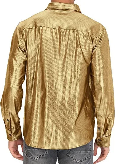Metallic Shiny Polyester Dress Shirts for Men Black Solid Gold Red Silver Long Sleeve Turn Down Collar Prom Disco Men's Shirt