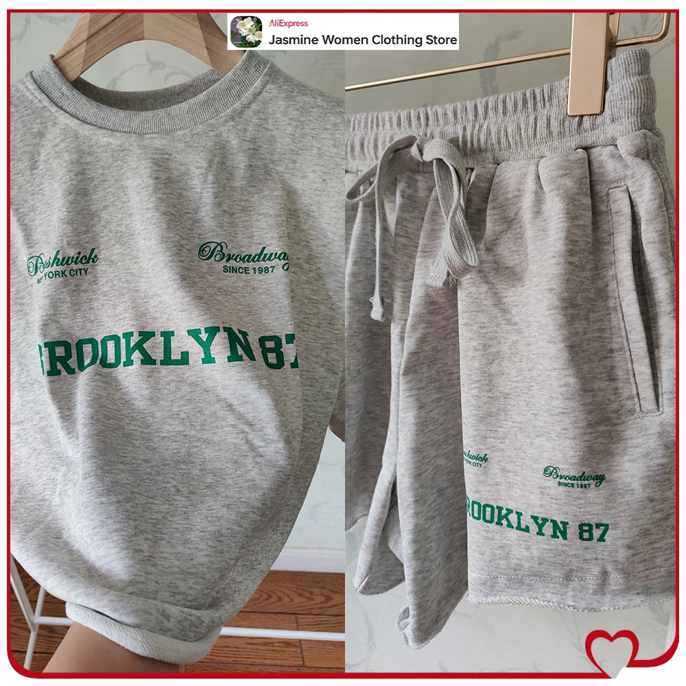 Plush Ensemble Femme 2 Piece COTTON Short Sets for Women Two Colors Text Print O-neck Sweatshirts + Mid Elastic Waistband Shorts