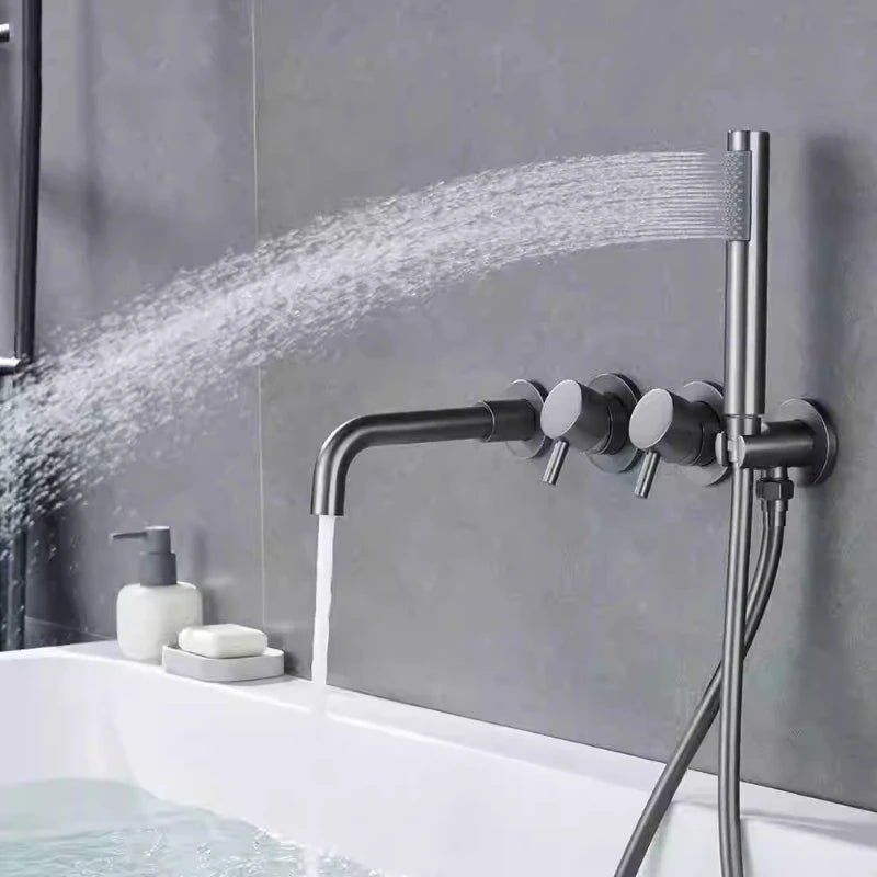 Farrete Concealed Wall-Mounted Bathtub Faucet Gun Grey All-Copper Built-In Cold and Hot Shower Head Set Bathroom Brushed Gold