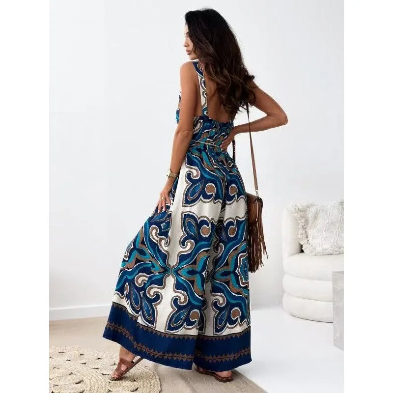 Women Wide Leg Jumpsuit V-Neck Strapless Belted Print New Style Short Pants Jumpsuits For Woman Combinaison Femme Monos Mujer