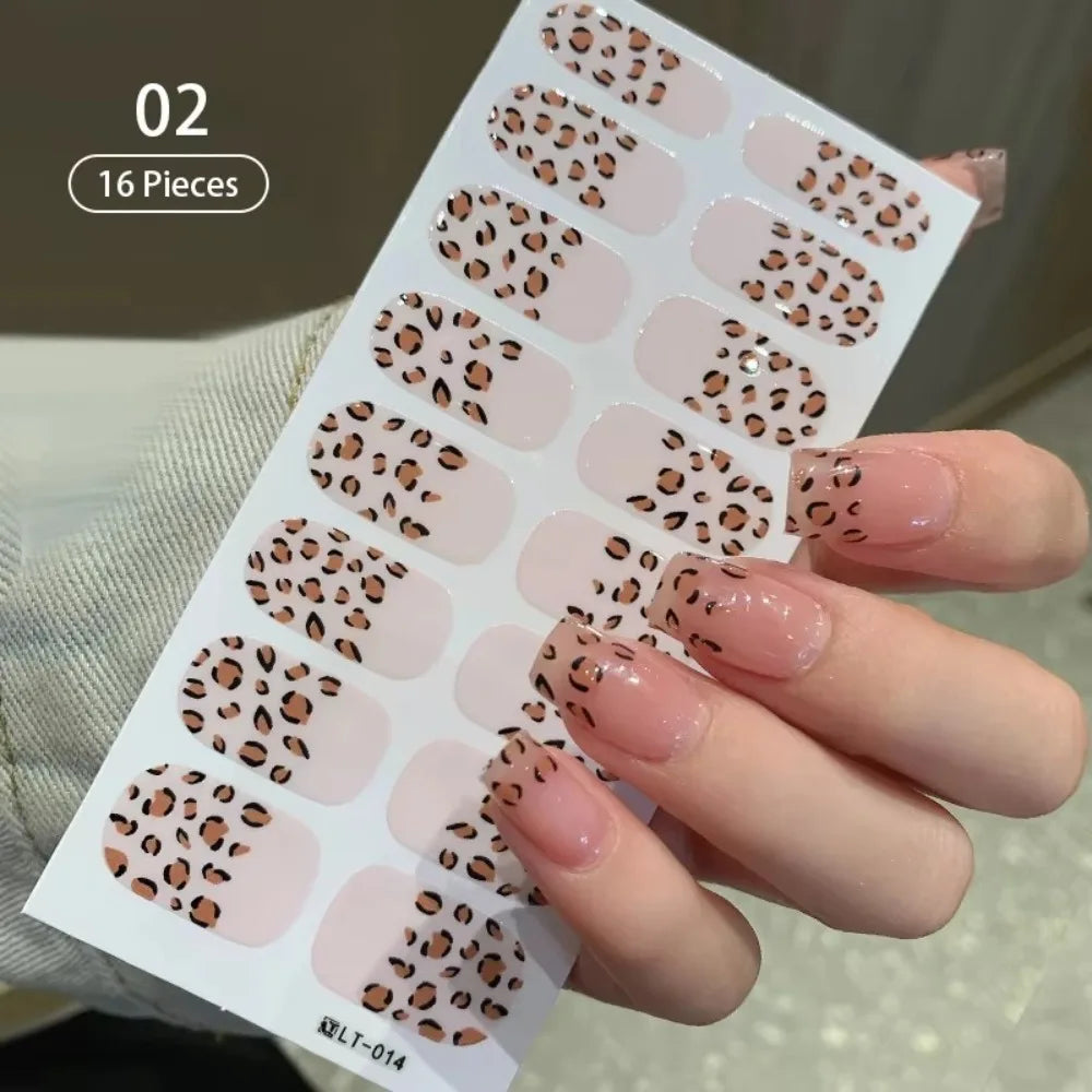 32 Strips Autumn Nail Stickers Semi Cured Full Cover Gel Nail Polish Strips Manicure Leopard Print Nail Patch