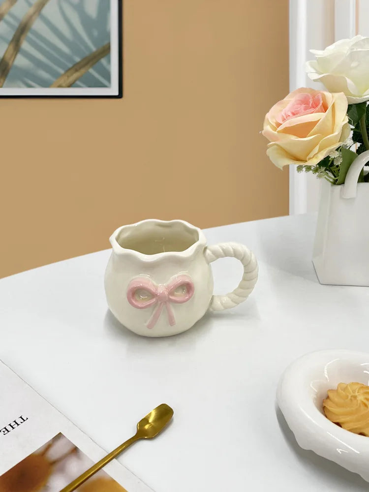 Bow Ceramic Coffee Cup Cute Handmade Ins Style Mug Drinking Water Afternoon Tea Gift Decoration Summer Dopamine Girlfriend Gift