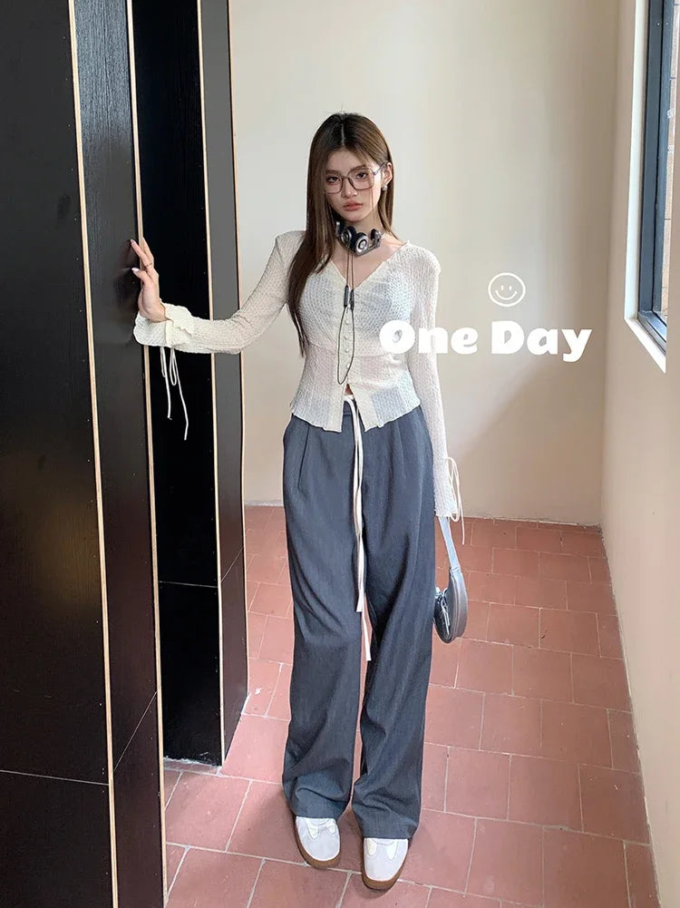 Elastic Waist Drawstring Loose Slim Casual Versatile Trousers 2026 Autumn New High Waist Women Wide Leg Suit Pants
