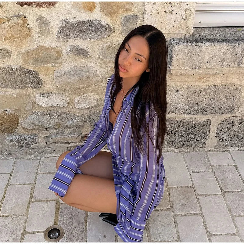 Stripe Wrap Tie Shirt Mini Dress Lapel Collar Long Flare Sleeve Loose Casual Dresses 2026 Summer Beach Vacation Fashion Outfit